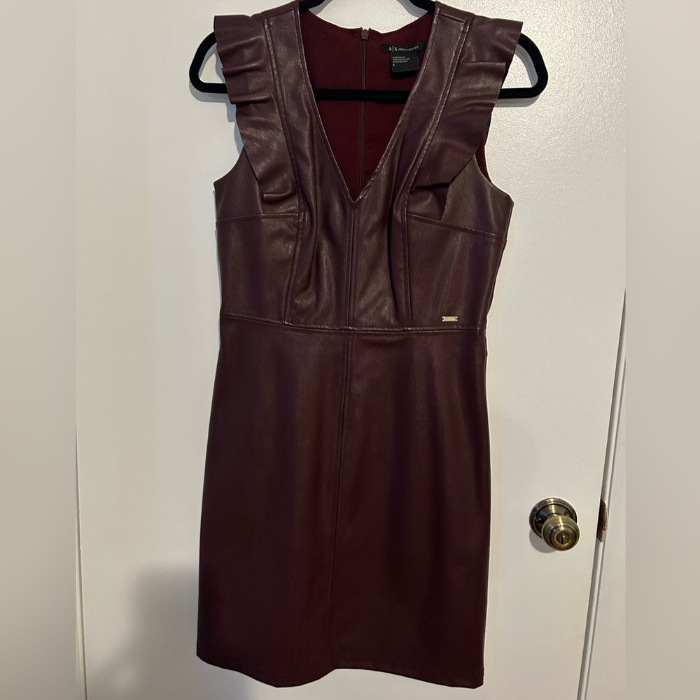 Armani Exchange Fit and Flare Leather Ruffle Dress